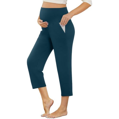 Maternity Capri Pants, Over The Belly Pregnancy Pants with Pocket - color: Blue, size: Medium