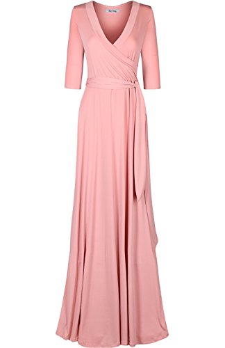 Women's 3/4 Sleeve Deep V-Neck Maxi Faux Wrap Solid Plus Size Dress - color: Mauve-v-neck, size: Large