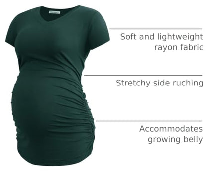 Smallshow Women's V Neck Maternity Clothes Tops Side Ruched Pregnancy T Shirt - color: Black-deep Green-teal(3 Pack), size: Small