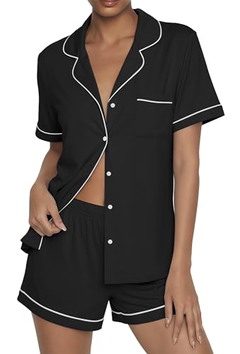 Ekouaer Womens Pajama Sets Button Up Pjs 2 Piece Short Sleeve Sleepwear - color: Black, size: Medium