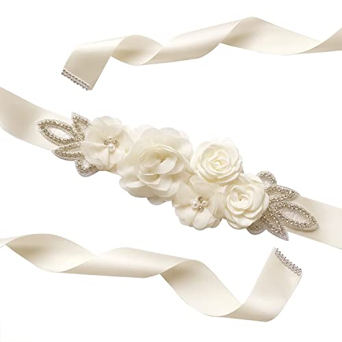 Huralona Wedding Sash Belt Satin Ribbon with Flowers Pearls Rhinestone - color: Ivory