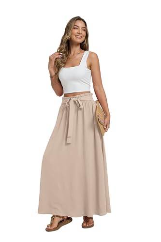 Womens Maxi Skirt with Pockets Elastic Waist Pleated A Line Summer - color: Apricot, size: 3X-Large