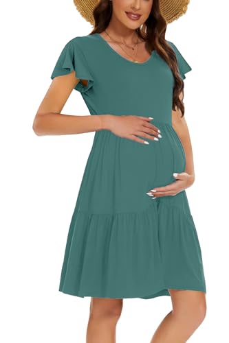 CzzzyL Women's Maternity Nursing Dress Ruffle Cap Sleeve Breastfeeding with Pockets - color: Gray Blue, size: Large