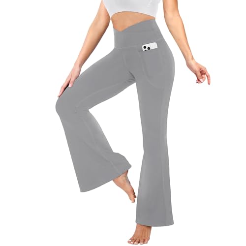 YOLIX Flare Leggings for Women with Pockets - Crossover High Waisted Black Flared Leggings for Yoga Gym Workout - color: Light Grey, size: X-Small