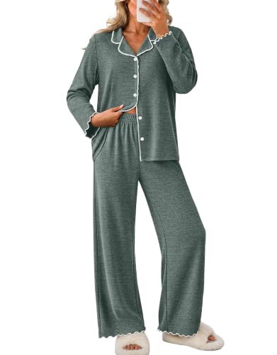 WIHOLL Women's Pajamas Sets Cute Ruffle Long Sleeve Button Up 2 Piece Pjs - color: Green, size: Small