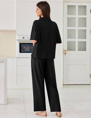 Ekouaer Women Pajamas Set Button Down Sleepwear Short Sleeve Pjs Long Pants - color: Black, size: Medium