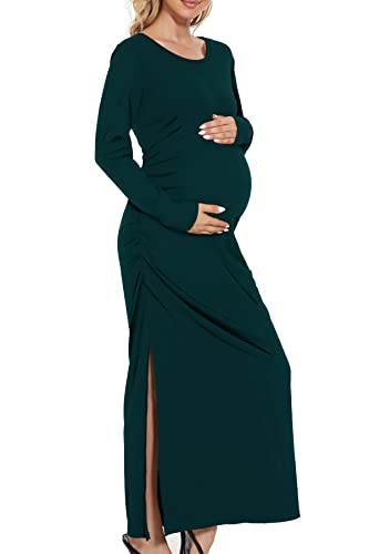 Smallshow Women's Ruched Long Sleeve Split Maternity Dress - color: Deep Green, size: X-Large