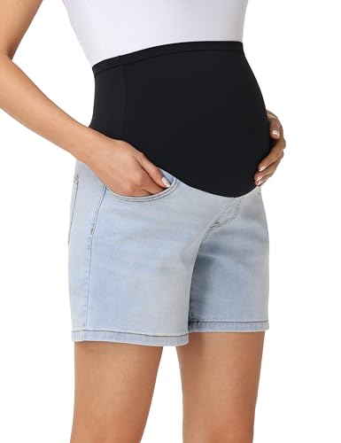 Foucome Women's Maternity Jean Shorts Over the Belly - color: Light Blue, size: Small