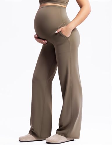 POSHDIVAH Creamluxe Maternity Wide Leg Pants Pregnancy Work Trousers - color: Mocha Mousse, size: Medium