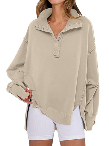 ANRABESS Sweatshirt for Women Oversized Casual Fall Henley Pullover Top - color: Apricot, size: Small