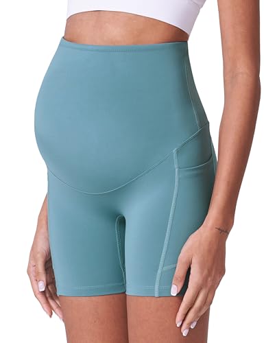 POSHDIVAH 3/4 Pack Maternity Biker Shorts Over The Belly with Pockets 5"/8" - color: Black/Grey/Blue 5", size: Medium