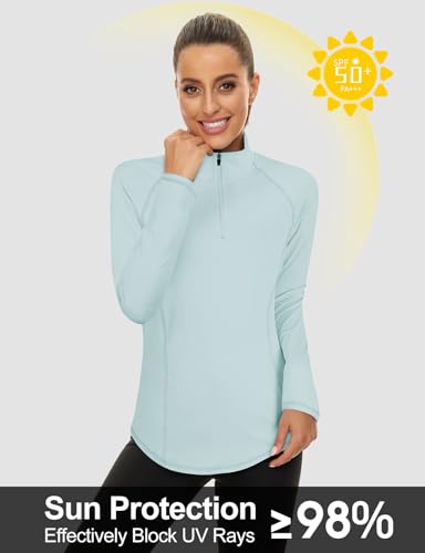 LURANEE Womens UPF 50+ Long Sleeve 1/4 Zip Pullover Athletic Hiking Running Workout Tops - color: Light Blue, size: Small