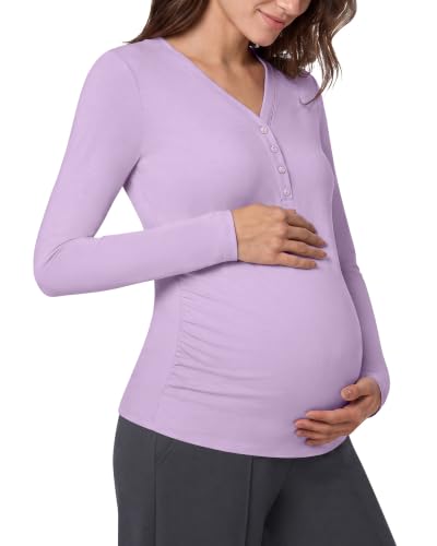 G4Free Lyocell Maternity Shirts Long Sleeve Button Front Henley Neck Ruched - color: Light Purple, size: X-Small