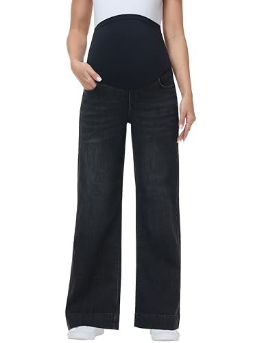 Maternity Jeans Wide Leg Loose Pregnancy Denim Pants - color: Washed Black, size: Large