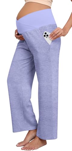 Women's Maternity Wide Leg Pants with Crossover Waist and Pockets - color: Blue, size: X-Large