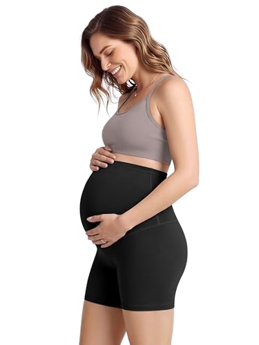 ODODOS Women's Maternity Biker Shorts 5" - Buttery Soft Over The Belly Pregnancy Lounge Yoga Shorts - color: Black, size: Large