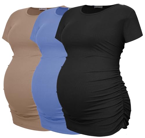 Smallshow Women's Ribbed Ruched Maternity Shirts 3 Packs - color: Black-blue-brown(3 Pack), size: Large
