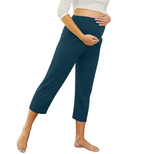Maternity Capri Pants, Over The Belly Pregnancy Pants with Pocket - color: Blue, size: Medium