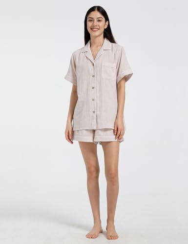 Womens Muslin Pajama Sets 100% Cotton Double Gauze Linen Like Short Pjs - color: Heathered Beige, size: X-Large
