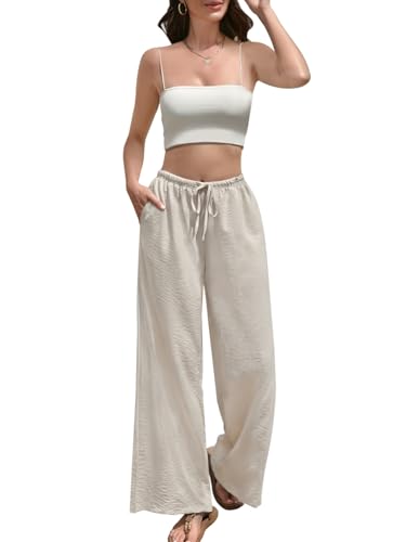 Wide Leg Pants for Women Flowy Palazzo Pants Drawstring Elastic Beach Trousers with Pockets Summer Vacation - color: Cream, size: Small