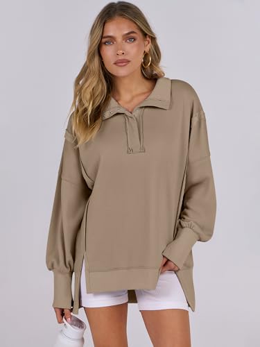 ANRABESS Sweatshirt for Women Oversized Casual Fall Henley Pullover Top - color: Khaki, size: Medium