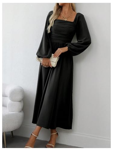 Floerns Women's Square Neck Lantern Long Sleeve Split Ruched Midi Dresses - color: Black, size: Large
