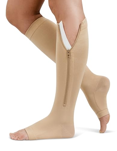 Open Toe Zipper 20-30mmHg Graduated Compression Socks for Men Women Stocking - color: Beige, size: Large-X-Large