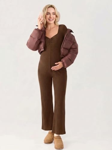BLENCOT Maternity Ribbed Jumpsuit Long Sleeve Square Neck Stretchy Romper - color: Brown, size: Small