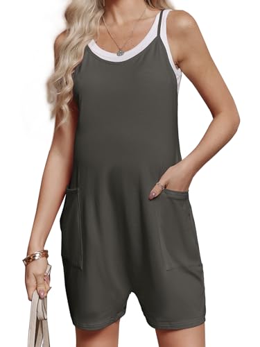 FMEYOA Maternity Romper Sleeveless Overall Shorts Jumpsuit with Pockets - color: Dark Grey, size: Medium