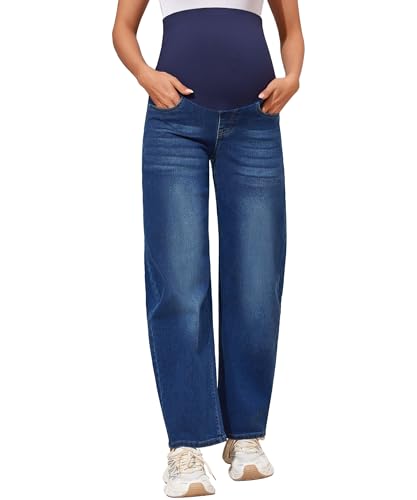 POSHGLAM Maternity Jeans Over Belly Barrel Jeans Wide Leg Pregnancy Denim Pants - color: Dark Blue, size: Medium