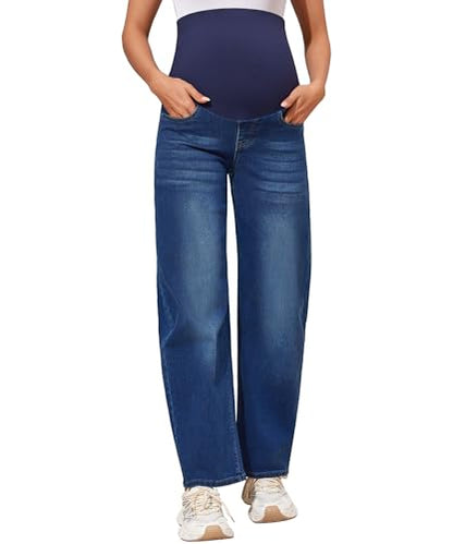 POSHGLAM Maternity Jeans Over Belly Barrel Jeans Wide Leg Pregnancy Denim Pants - color: Dark Blue, size: Medium