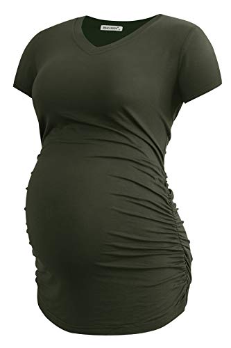 Smallshow Women's V Neck Maternity Clothes Tops Side Ruched Pregnancy T Shirt - color: Army Green/Black/Light Grey, size: X-Large