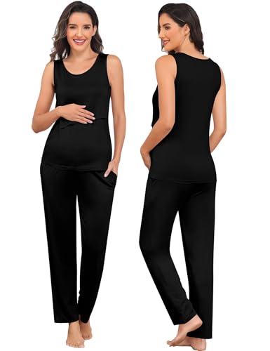 SWOMOG Maternity Nursing Robe Set 3 PCS Postpartum Breastfeeding Pajamas Lounge Hospital Pregnancy Pjs with Robe - color: Black, size: Medium