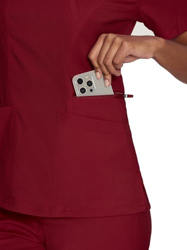 Scrub Tops for Woman, Mock Wrap Tops - color: Burgundy, size: Large