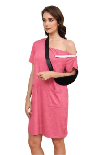 Women's Post Shoulder Surgery Tear Away Dress Short Sleeve Full Open Side Snap Adaptive Clothing with Pockets - color: Peach Pink, size: Medium