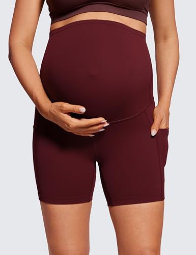 CRZ YOGA Maternity Biker Shorts Pockets 5" - color: Red Merlot, size: Small