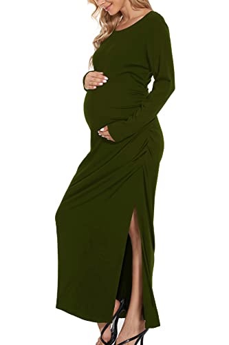 Smallshow Women's Ruched Long Sleeve Split Maternity Dress - color: Army Green, size: Medium