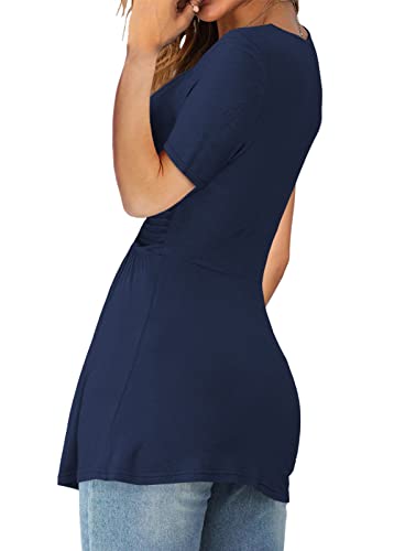 Tankaneo Womens Front Knotted V-Neck Blouse T Shirt Short Sleeve Oversized Tunic Tops Summer Solid Pullover Tees - color: B14-navy Blue, size: Large