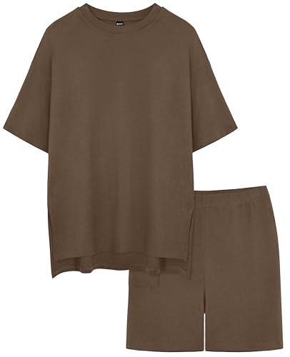 RUBZOOF Women 2 Piece Lounge Sets Summer Outfits Shorts Set - color: Coffee, size: X-Large