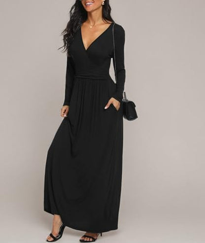 LILBETTER Women Long Sleeve Deep V Neck Loose Plain Long Maxi Casual Dress - color: Black, size: Large