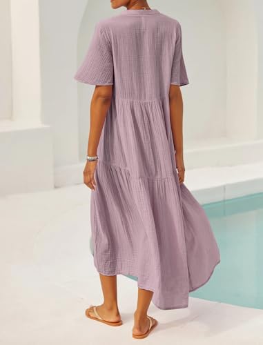 R.Vivimos Womens Summer Cotton Casual Flowy Maxi Dress - color: Dusty Purple, size: Medium