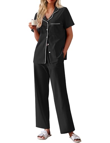 Ekouaer Women's Cotton Pajamas Set Short Sleeve Button Down Pjs with Pants - color: Black, size: Small