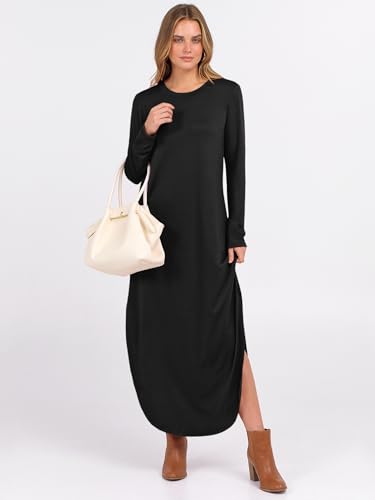 ANRABESS Women's Long Sleeve Fall Maxi T-Shirt Dress with Pockets - color: Black, size: Medium