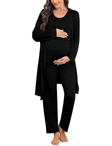SWOMOG Maternity Nursing Robe Set 3 PCS Postpartum Breastfeeding Pajamas Lounge Hospital Pregnancy Pjs with Robe - color: Black, size: Medium