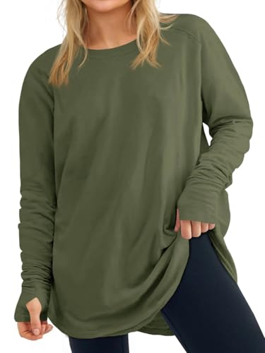 Womens Plus Size Long Sleeve Tunic Tops Crew Neck Oversized Fit T Shirts - color: Army Green, size: X-Large