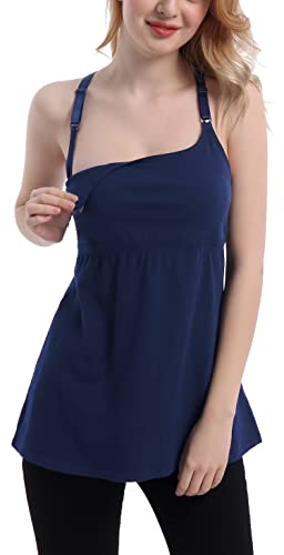 SUIEK Cotton Maternity Nursing Tank Tops with Shelf Bra Breastfeeding Camis - color: Black+pink Dot+navy 3pack, size: Small