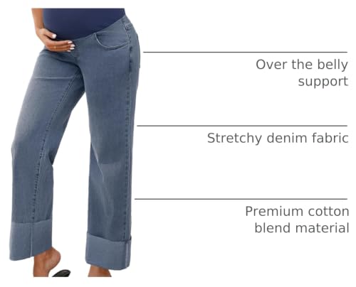 Women Maternity Jeans Straight Leg Cuffed Denim Work Pants - color: Retro Blue, size: X-Large