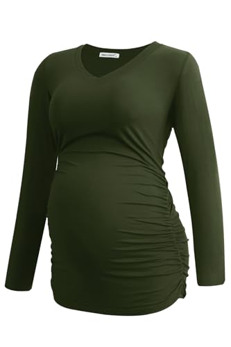 Smallshow Women's V-Neck Maternity Shirt Clothes Long Sleeve Ruched Pregnancy Top - color: Army Green-black-light Grey(3 Pack), size: Medium