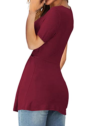 Tankaneo Womens Front Knotted V-Neck Blouse T Shirt Short Sleeve Oversized Tunic Tops Summer Solid Pullover Tees - color: B02-wine Red, size: Large