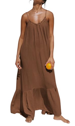 R.Vivimos Women's Summer Cotton Backless Casual Maxi Dress - color: Brown, size: Medium